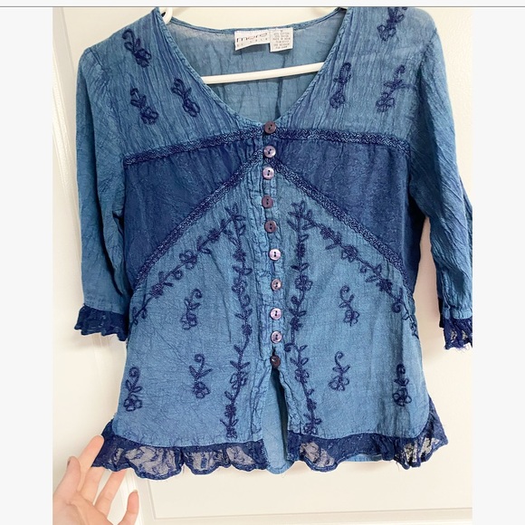 Vintage more by Lata Blue Floral Print Quarter Length Sleeve Button Down Top - Picture 2 of 4